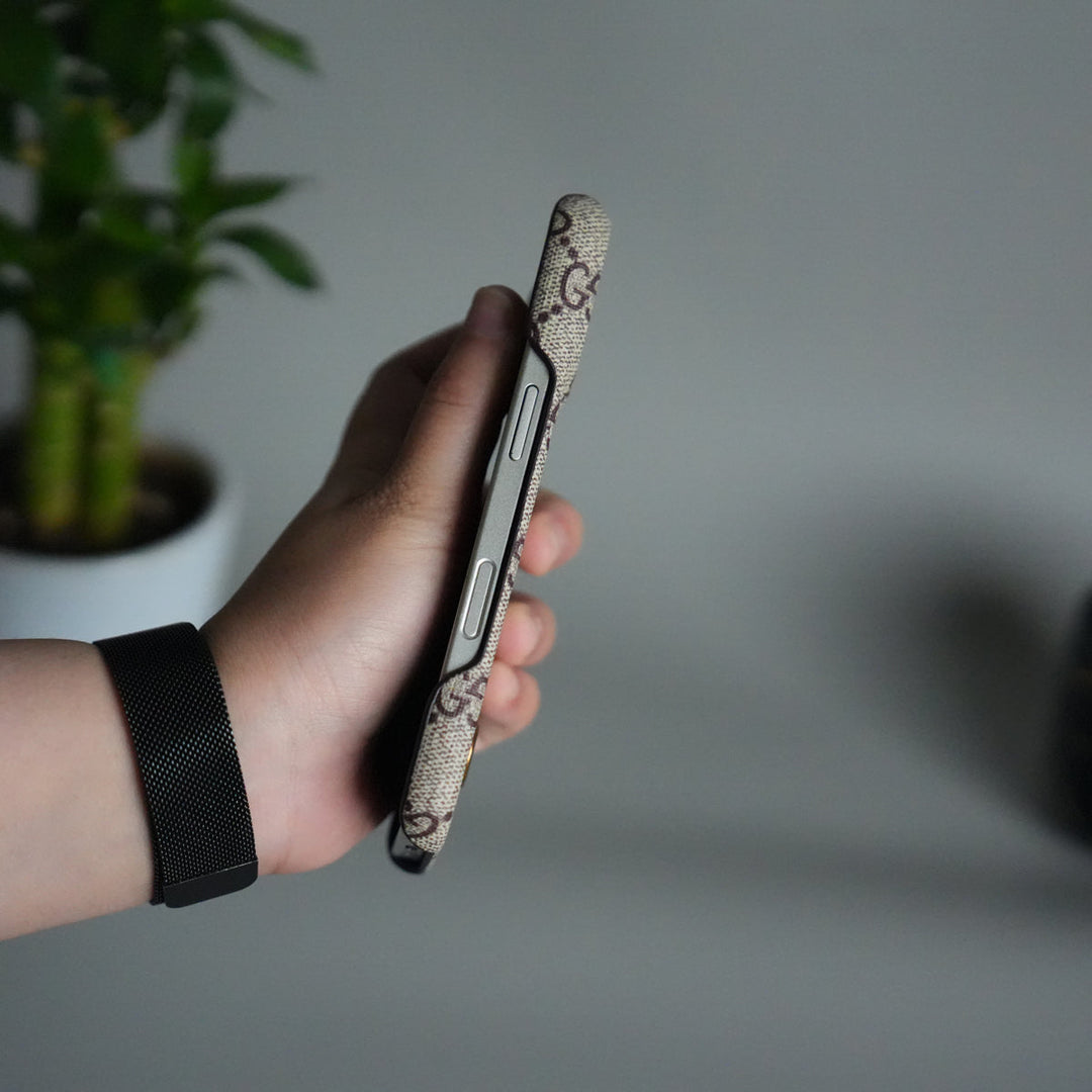 iPhone 17 Luxury GG Pattern PU Leather Camera Bump Case