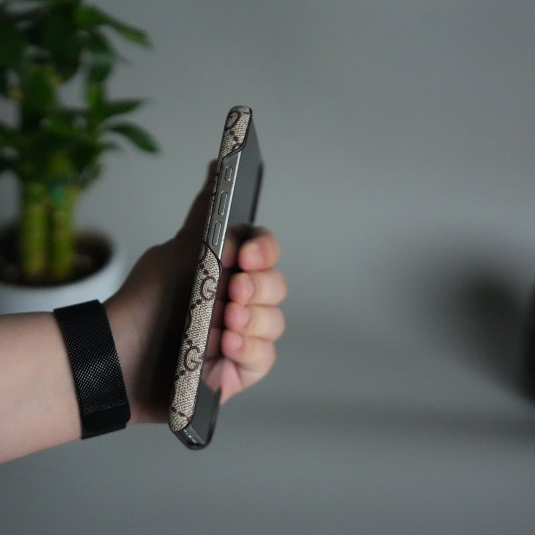 iPhone 17 Luxury GG Pattern PU Leather Camera Bump Case