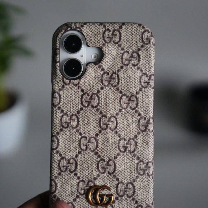 iPhone 17 Luxury GG Pattern PU Leather Camera Bump Case