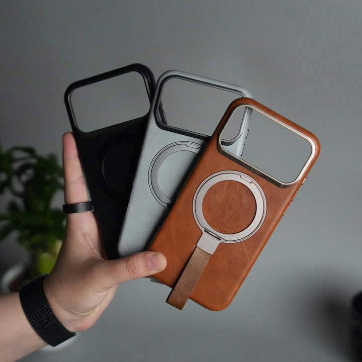 iPhone 17 Pro Luxury Leather MagSafe Case | Metal Ring Stand and Grip Holder Cover