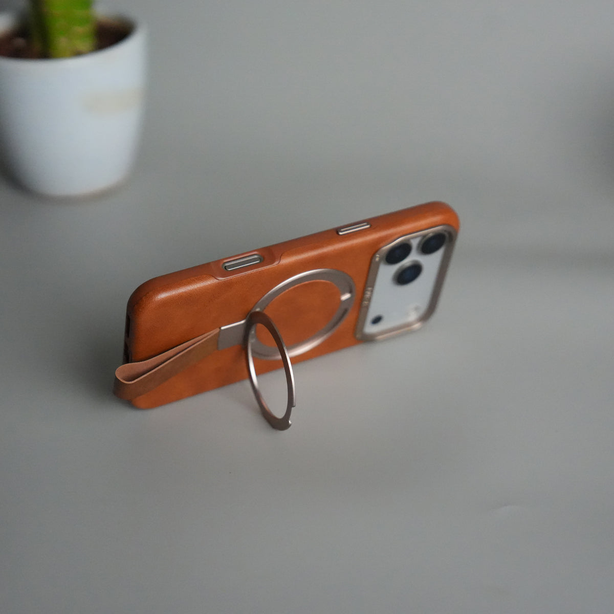iPhone 17 Pro Max Luxury Leather MagSafe Case | Metal Ring Stand and Grip Holder Cover