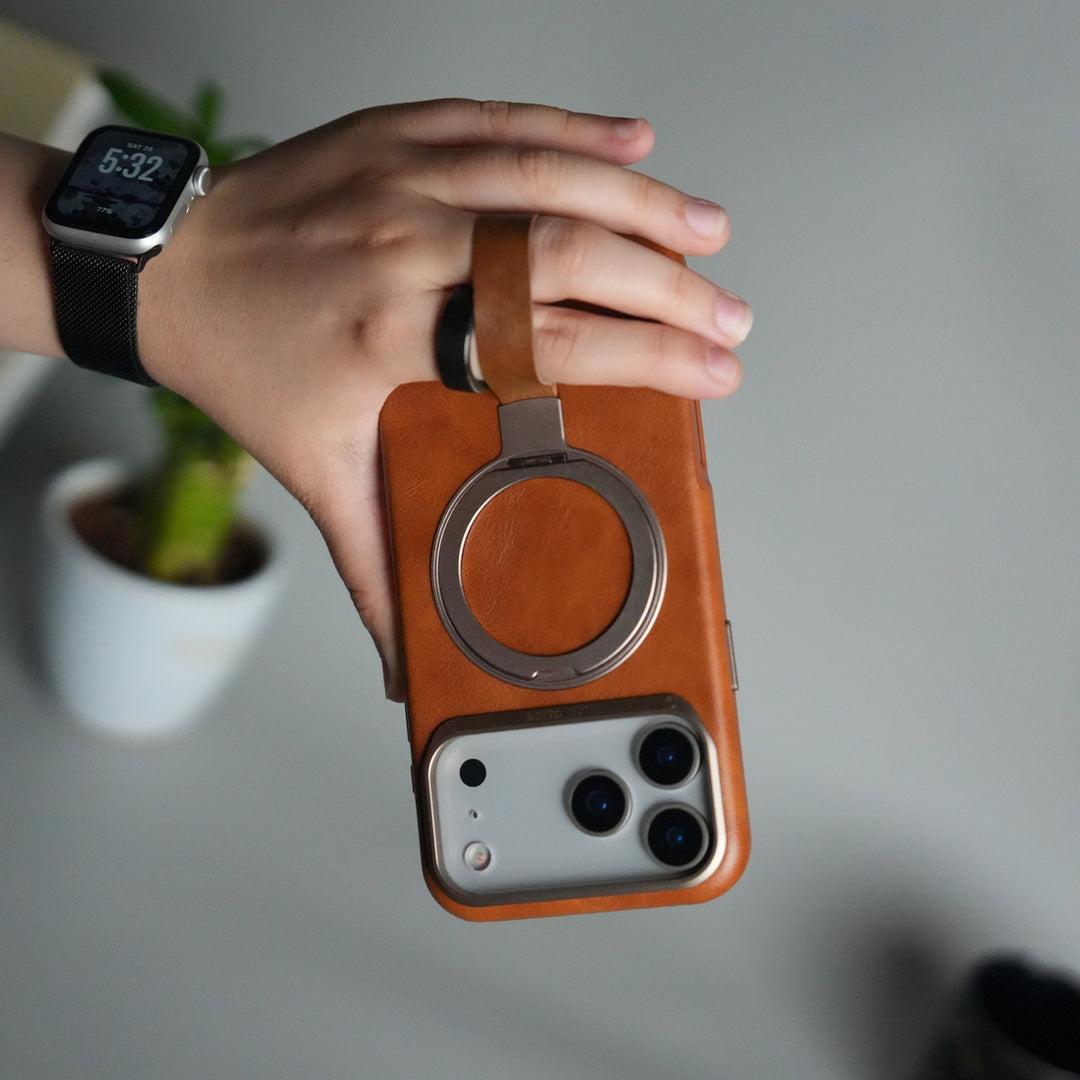 iPhone 17 Pro Luxury Leather MagSafe Case | Metal Ring Stand and Grip Holder Cover