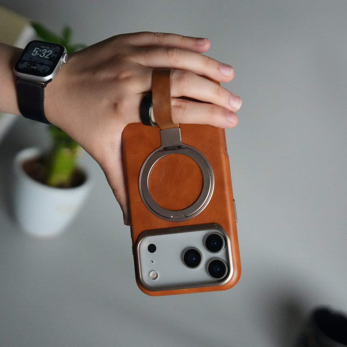 iPhone 17 Pro Max Luxury Leather MagSafe Case | Metal Ring Stand and Grip Holder Cover