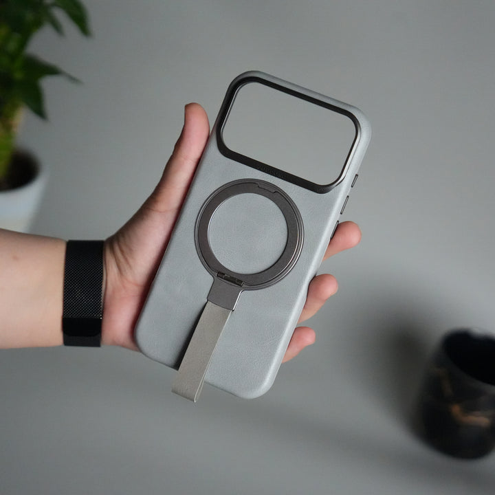 iPhone 17 Pro Luxury Leather MagSafe Case | Metal Ring Stand and Grip Holder Cover
