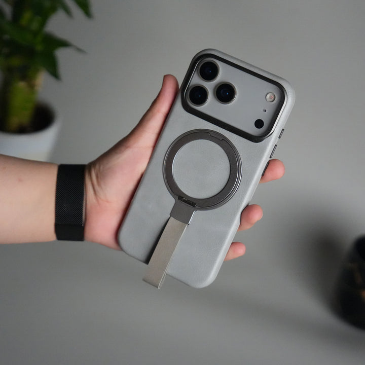 iPhone 17 Pro Luxury Leather MagSafe Case | Metal Ring Stand and Grip Holder Cover