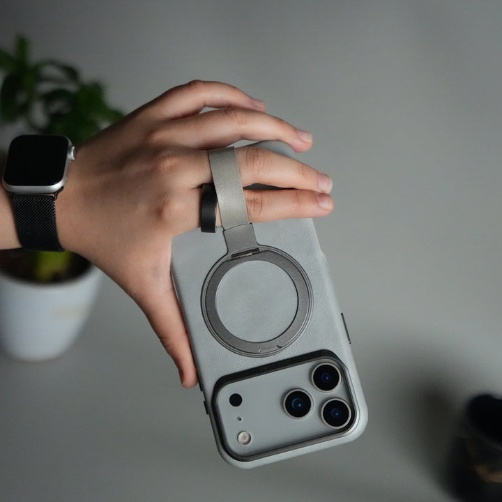 iPhone 17 Pro Luxury Leather MagSafe Case | Metal Ring Stand and Grip Holder Cover