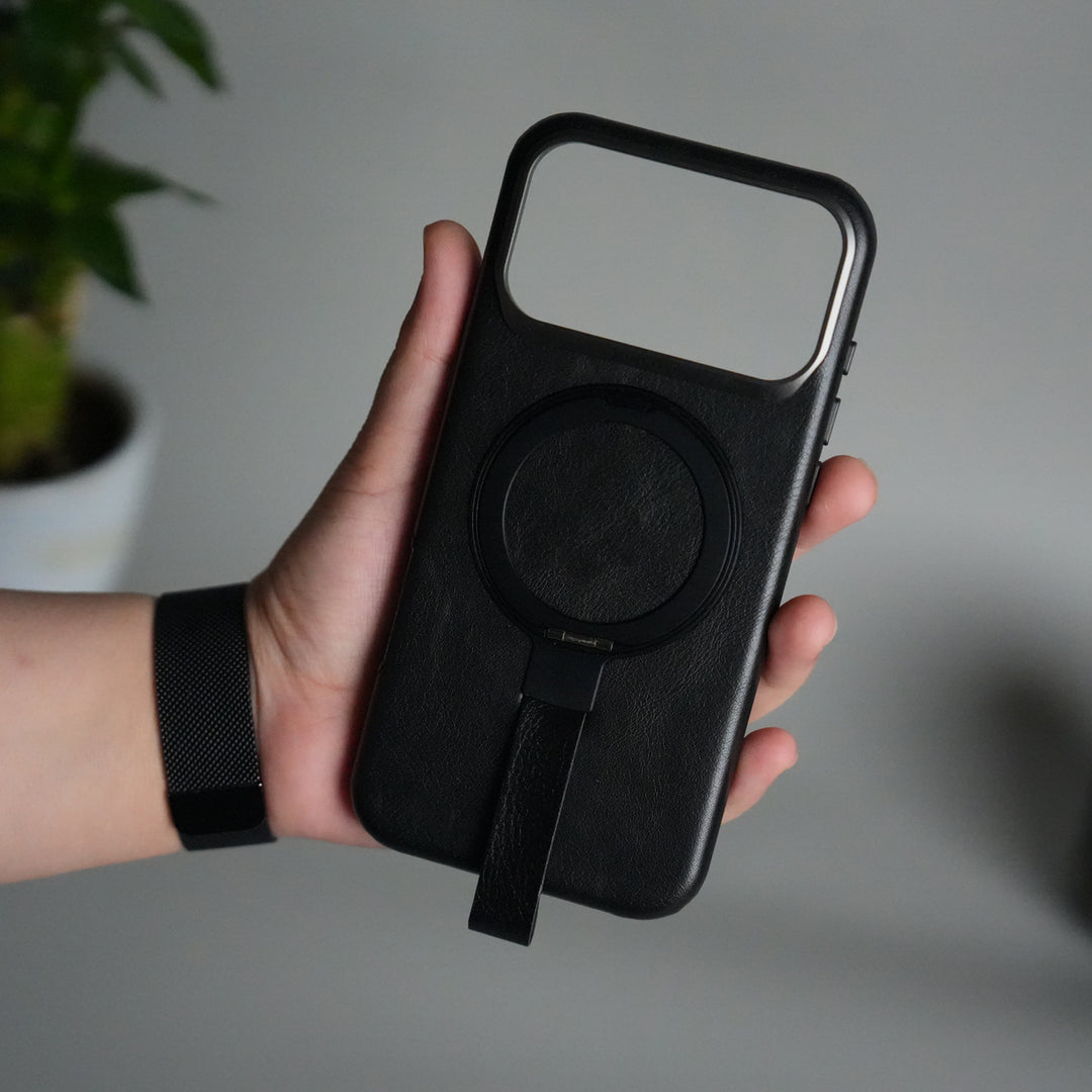 iPhone 17 Pro Luxury Leather MagSafe Case | Metal Ring Stand and Grip Holder Cover