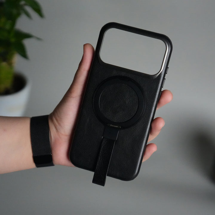 iPhone 17 Pro Luxury Leather MagSafe Case | Metal Ring Stand and Grip Holder Cover