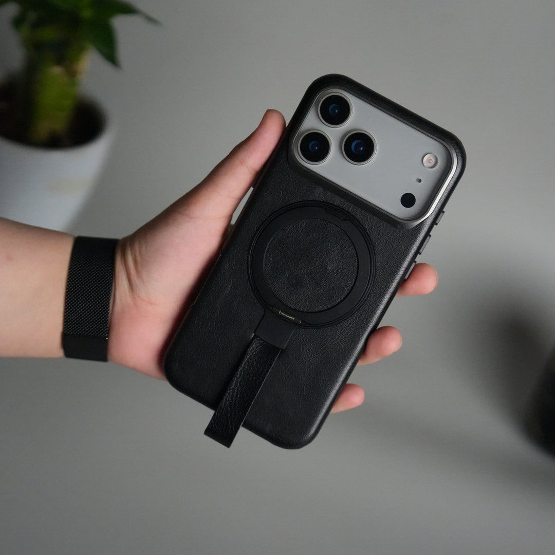 iPhone 17 Pro Luxury Leather MagSafe Case | Metal Ring Stand and Grip Holder Cover