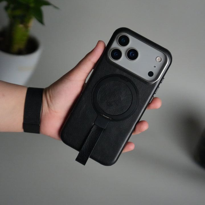 iPhone 17 Pro Luxury Leather MagSafe Case | Metal Ring Stand and Grip Holder Cover