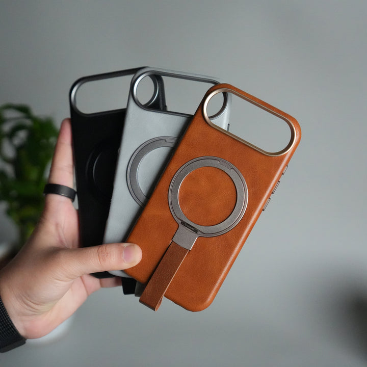 iPhone 17 Air Luxury Leather MagSafe Case | Metal Ring Stand and Grip Holder Cover