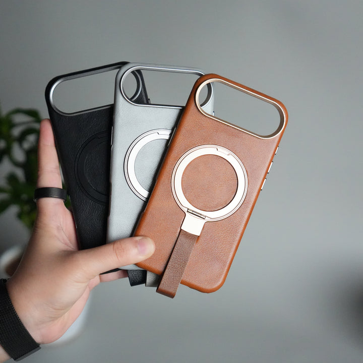 iPhone 17 Air Luxury Leather MagSafe Case | Metal Ring Stand and Grip Holder Cover