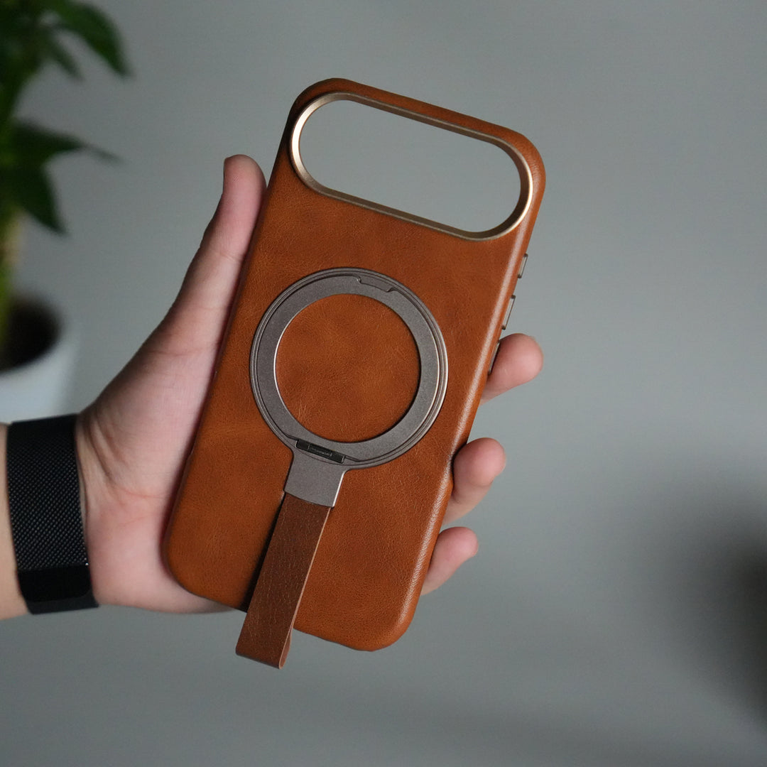 iPhone 17 Air Luxury Leather MagSafe Case | Metal Ring Stand and Grip Holder Cover