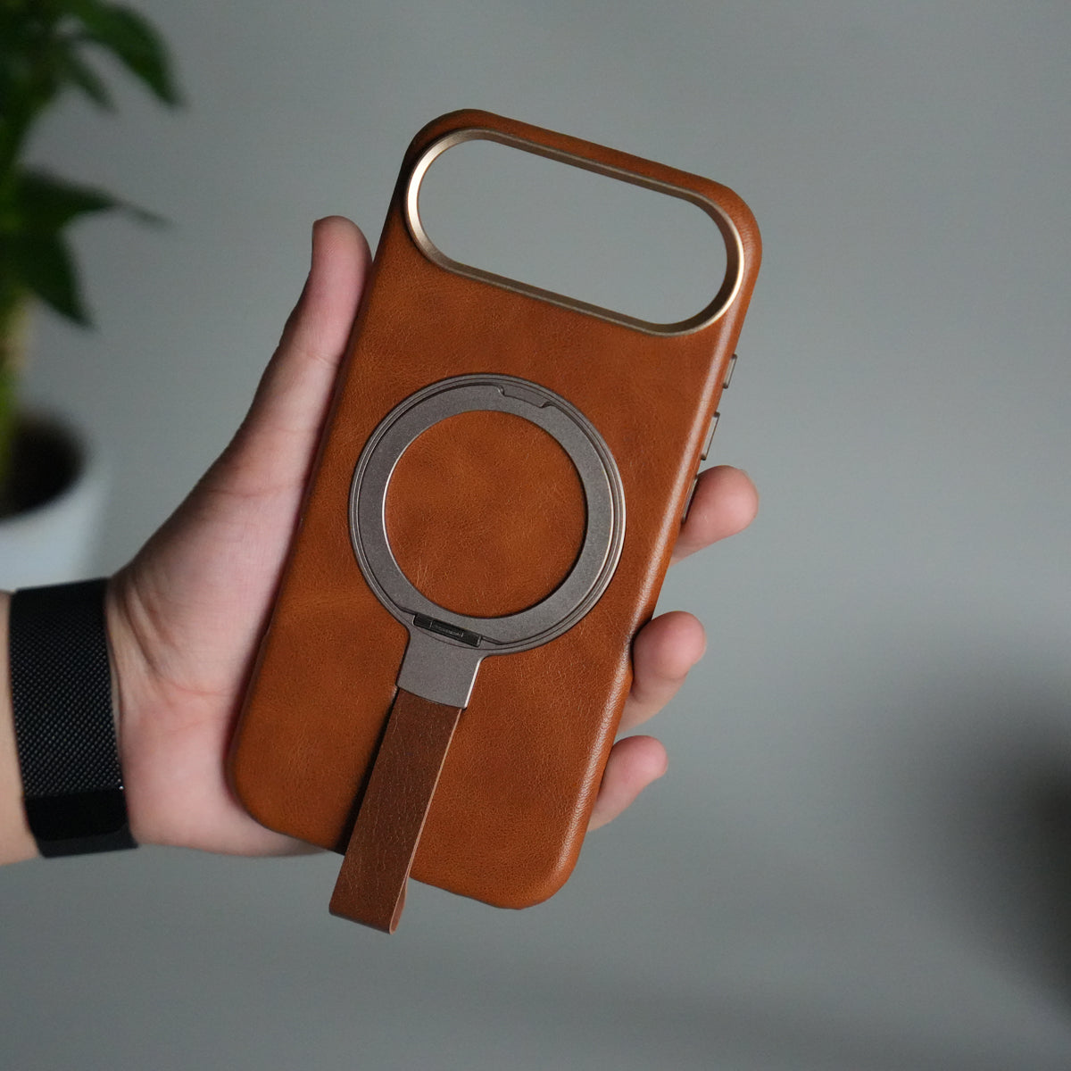 iPhone 17 Air Luxury Leather MagSafe Case | Metal Ring Stand and Grip Holder Cover