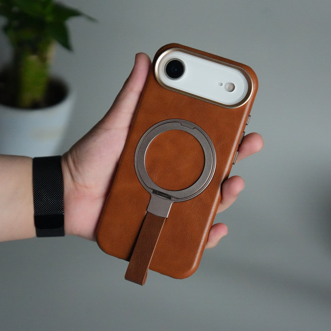iPhone 17 Air Luxury Leather MagSafe Case | Metal Ring Stand and Grip Holder Cover