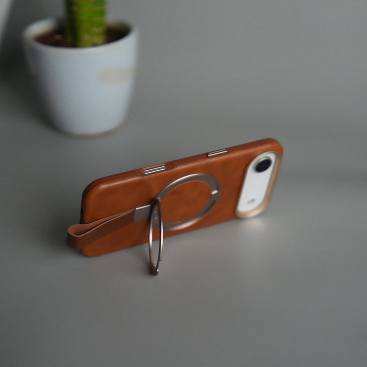 iPhone 17 Air Luxury Leather MagSafe Case | Metal Ring Stand and Grip Holder Cover