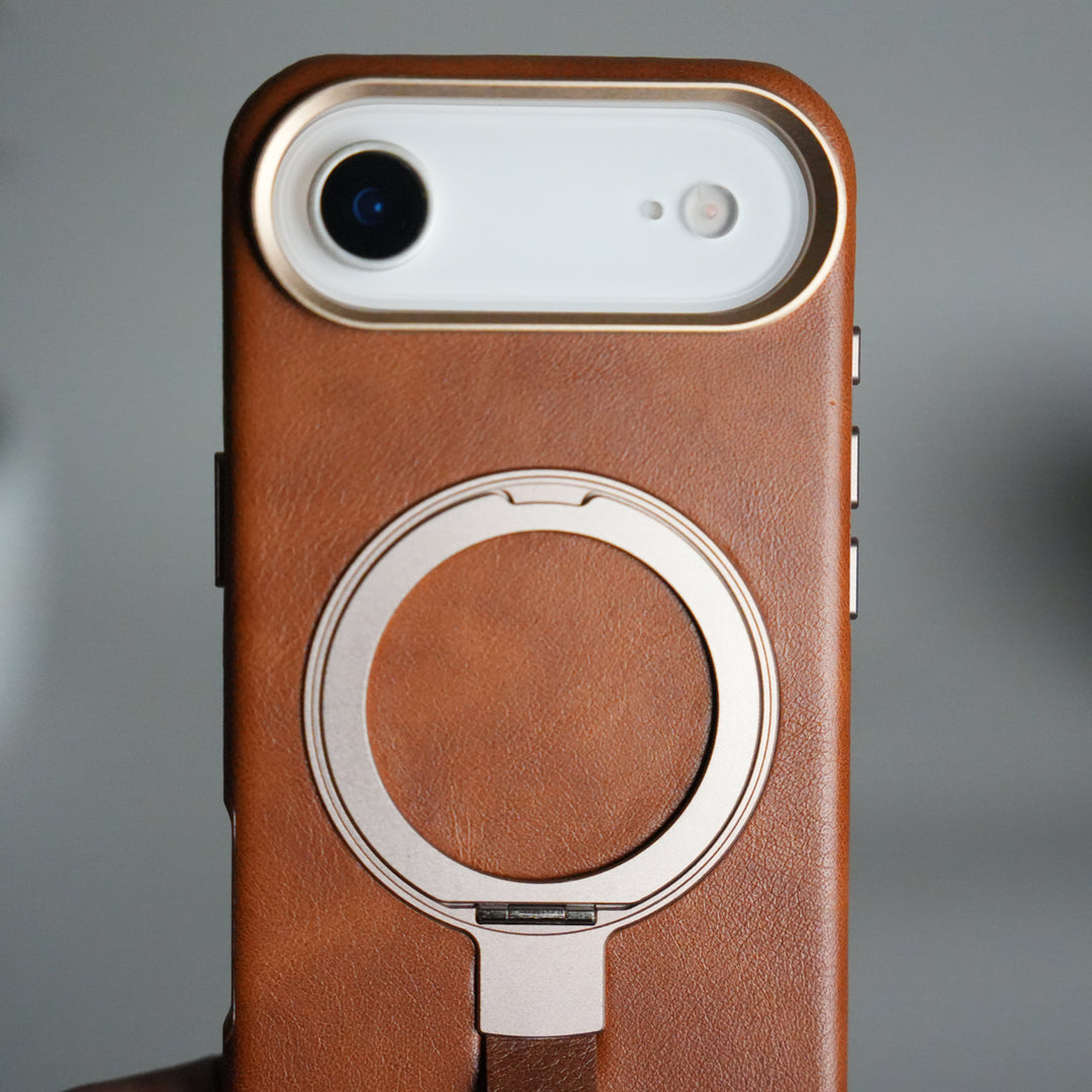 iPhone 17 Air Luxury Leather MagSafe Case | Metal Ring Stand and Grip Holder Cover
