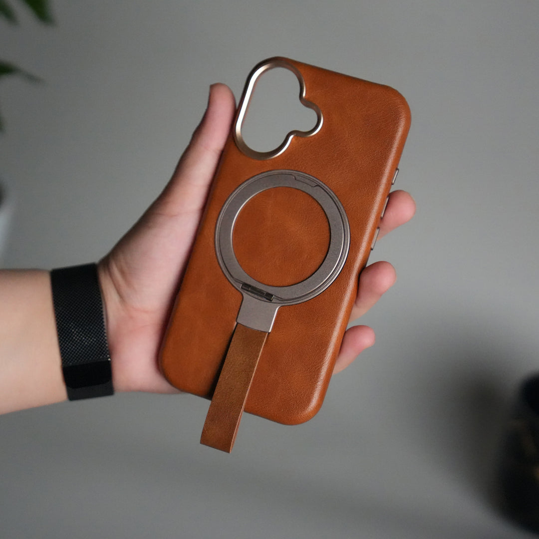 iPhone 17 Luxury Leather MagSafe Case | Metal Ring Stand and Grip Holder Cover