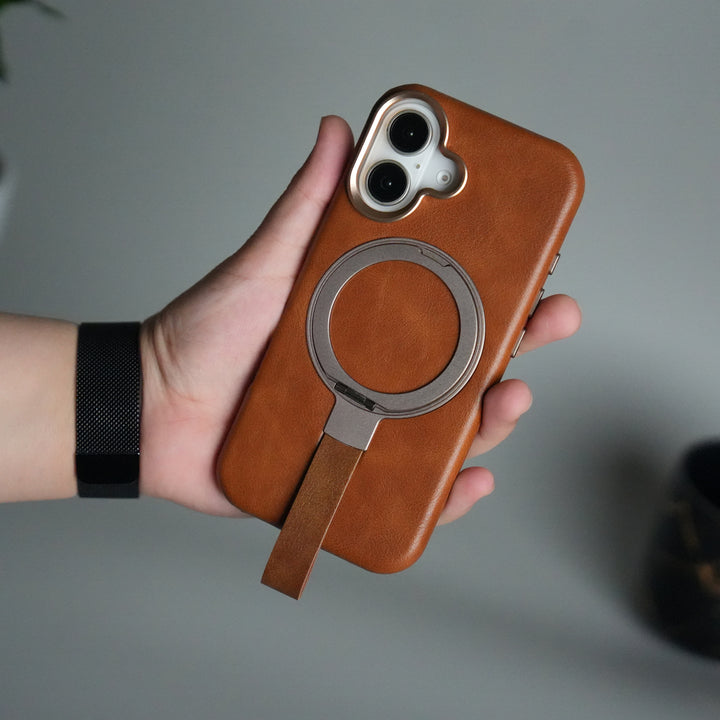 iPhone 17 Luxury Leather MagSafe Case | Metal Ring Stand and Grip Holder Cover