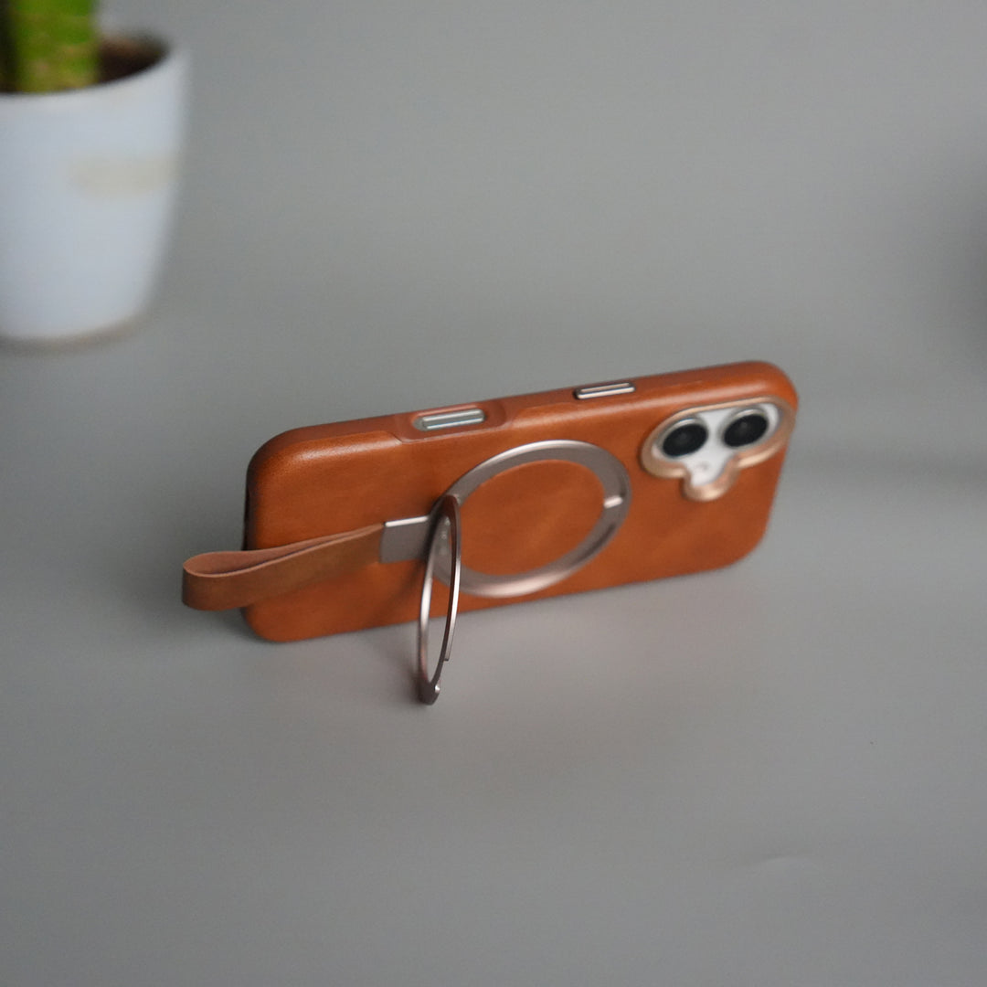 iPhone 17 Luxury Leather MagSafe Case | Metal Ring Stand and Grip Holder Cover