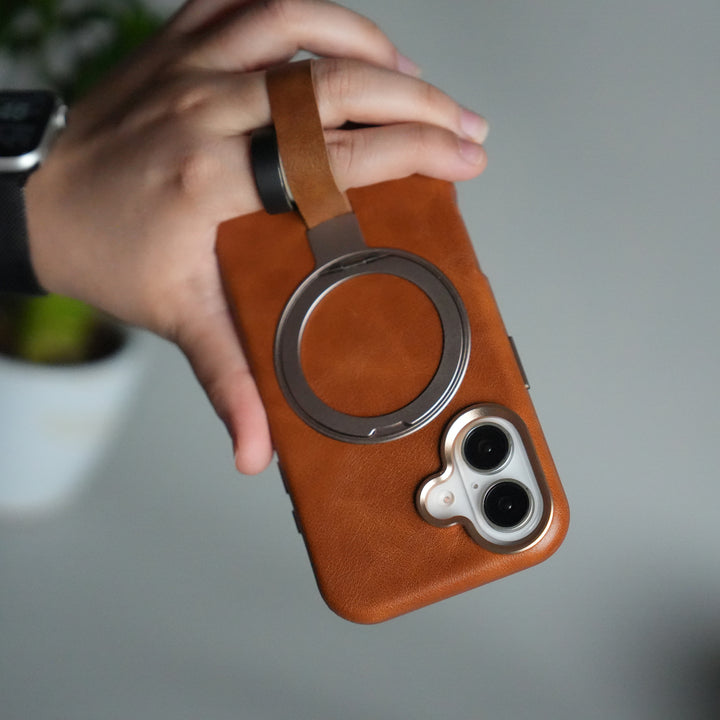 iPhone 17 Luxury Leather MagSafe Case | Metal Ring Stand and Grip Holder Cover