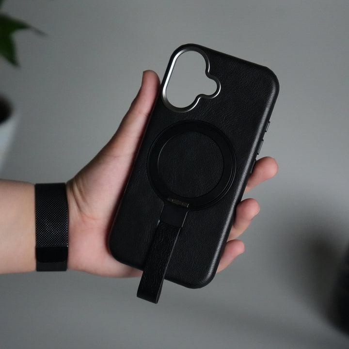 iPhone 17 Luxury Leather MagSafe Case | Metal Ring Stand and Grip Holder Cover