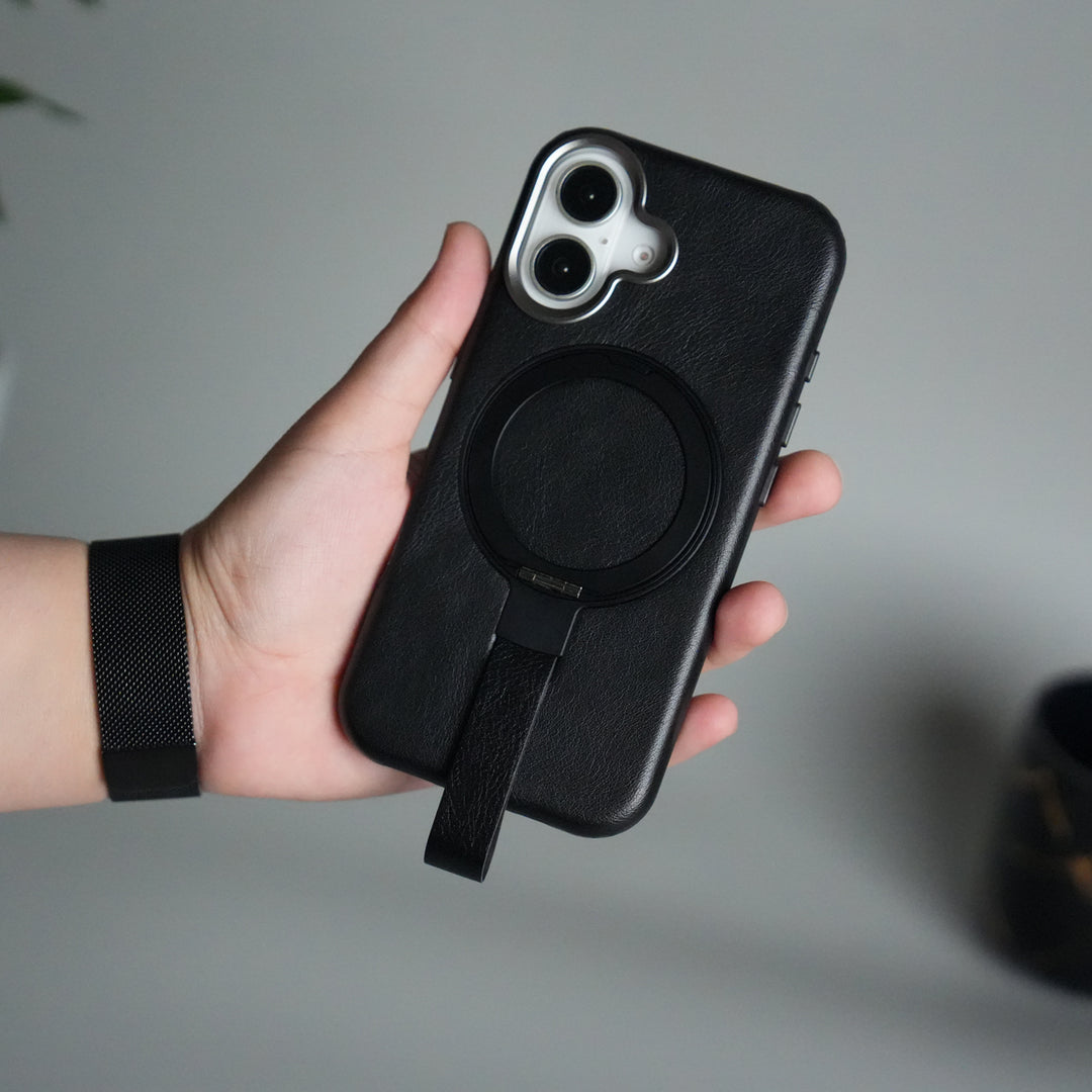 iPhone 17 Luxury Leather MagSafe Case | Metal Ring Stand and Grip Holder Cover