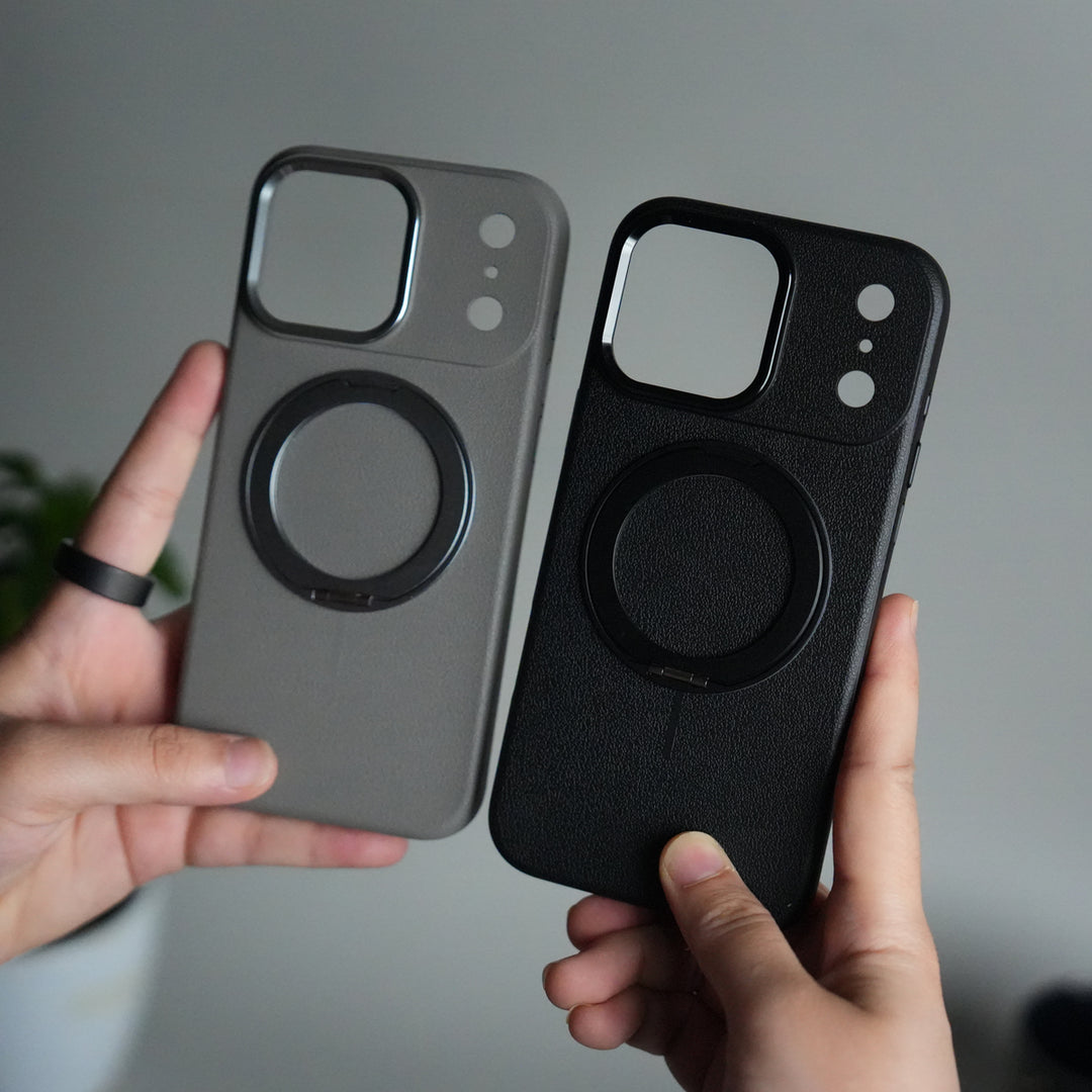 iPhone 17 Pro Max Texture Case | Rotating Metal Stand Ring Cover