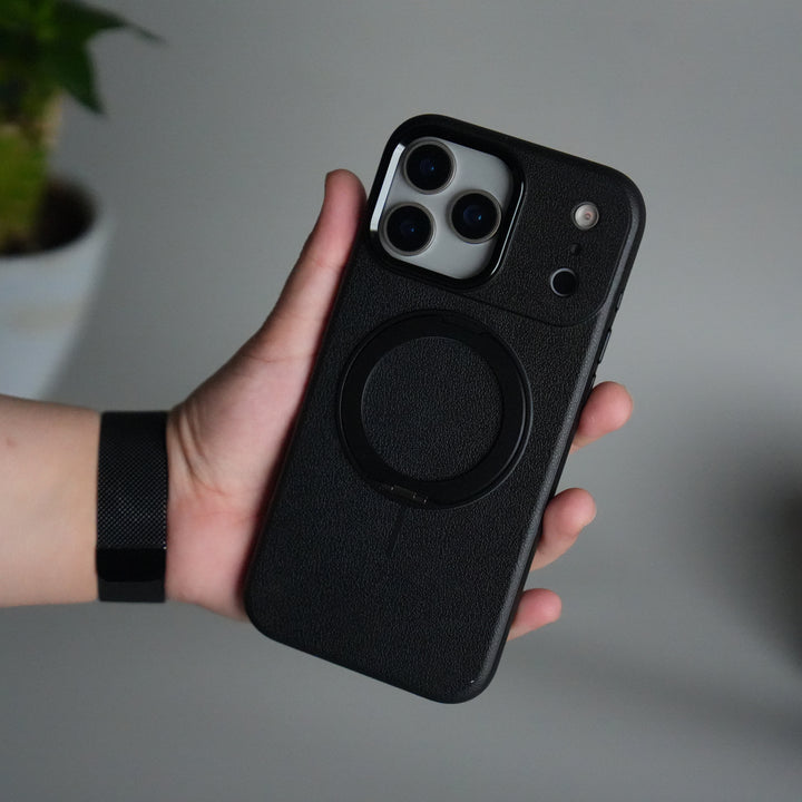 iPhone 17 Pro Max Texture Case | Rotating Metal Stand Ring Cover