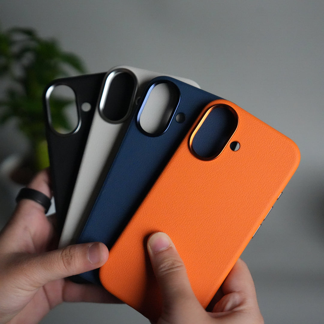 iPhone 17 Leather Texture Design PVC Case With Metal Camera Bump