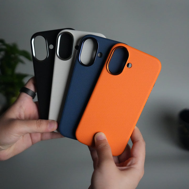 iPhone 17 Leather Texture Design PVC Case With Metal Camera Bump