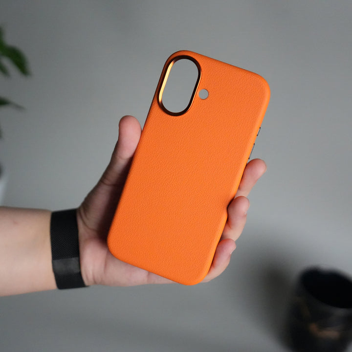 iPhone 17 Leather Texture Design PVC Case With Metal Camera Bump