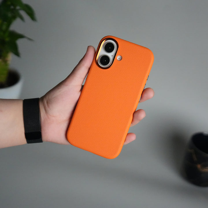 iPhone 17 Leather Texture Design PVC Case With Metal Camera Bump