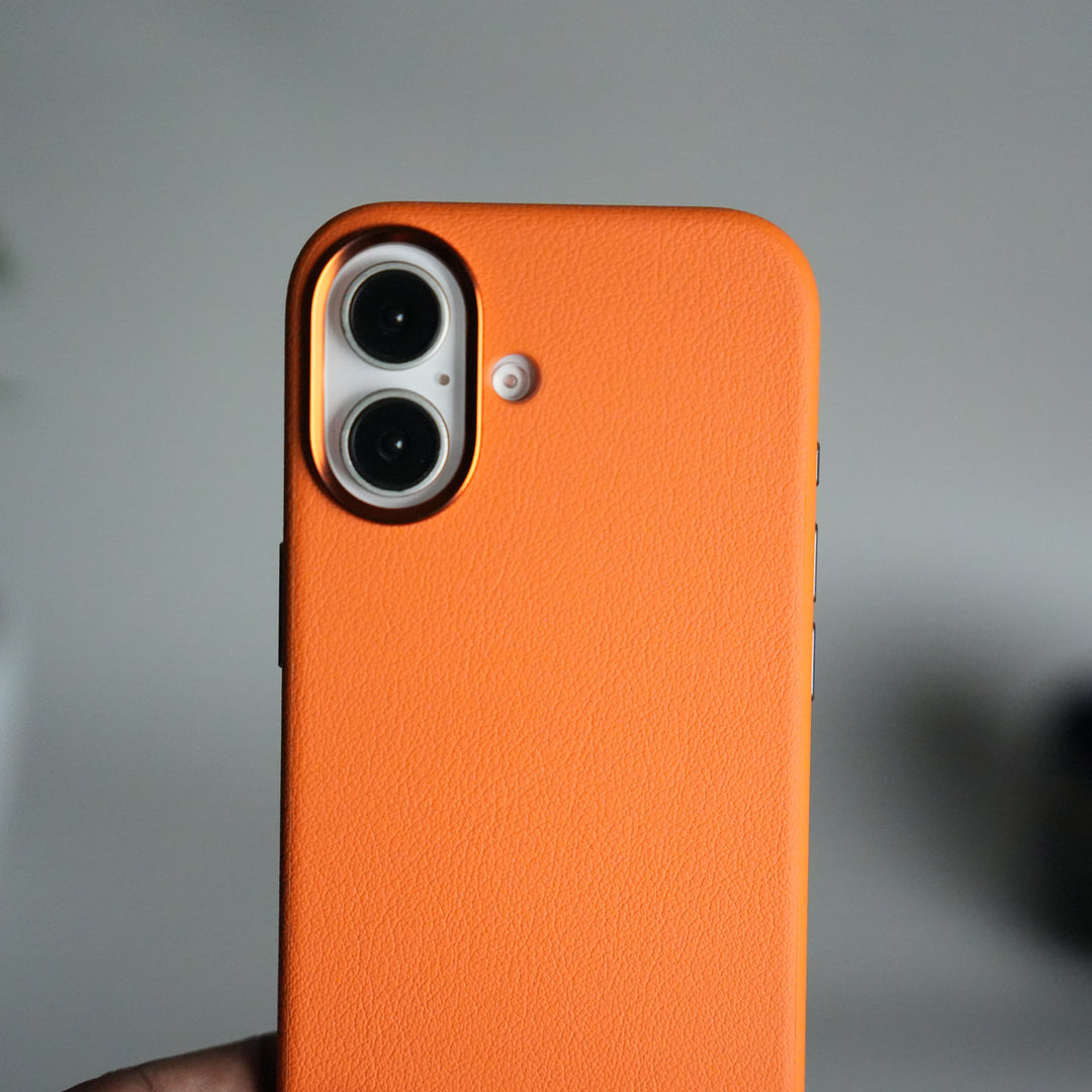 iPhone 17 Leather Texture Design PVC Case With Metal Camera Bump