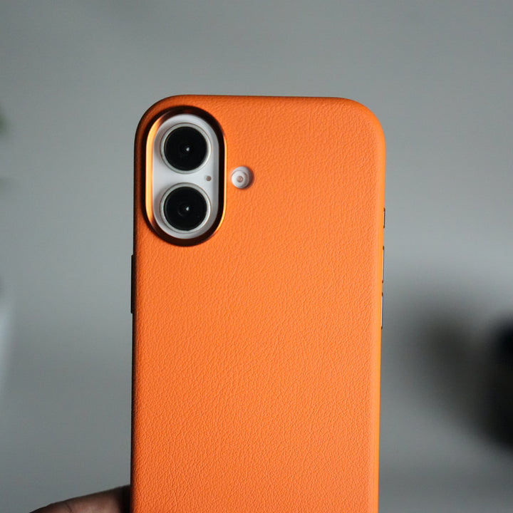 iPhone 17 Leather Texture Design PVC Case With Metal Camera Bump