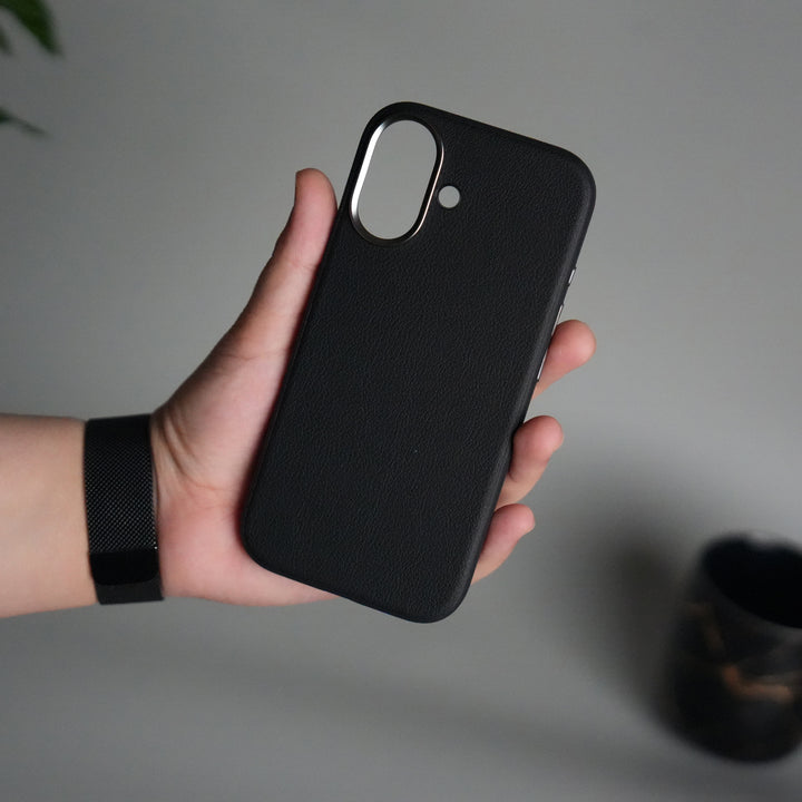 iPhone 17 Leather Texture Design PVC Case With Metal Camera Bump