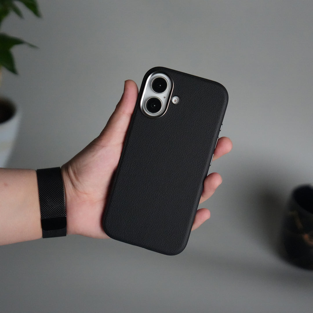 iPhone 17 Leather Texture Design PVC Case With Metal Camera Bump