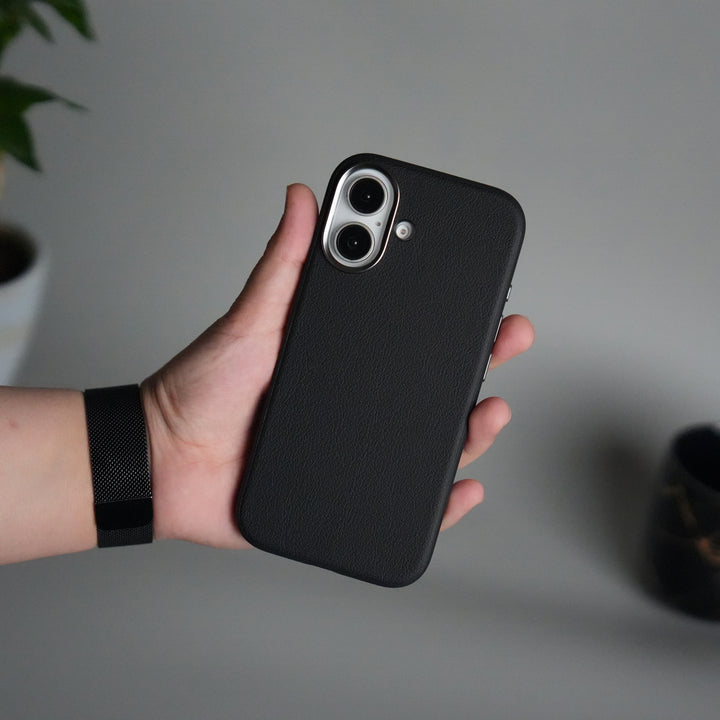 iPhone 17 Leather Texture Design PVC Case With Metal Camera Bump