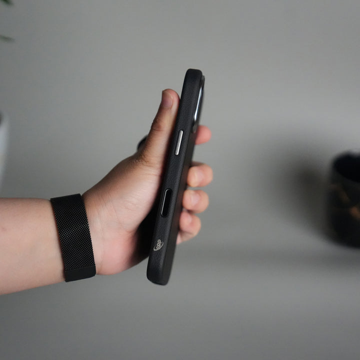 iPhone 17 Leather Texture Design PVC Case With Metal Camera Bump