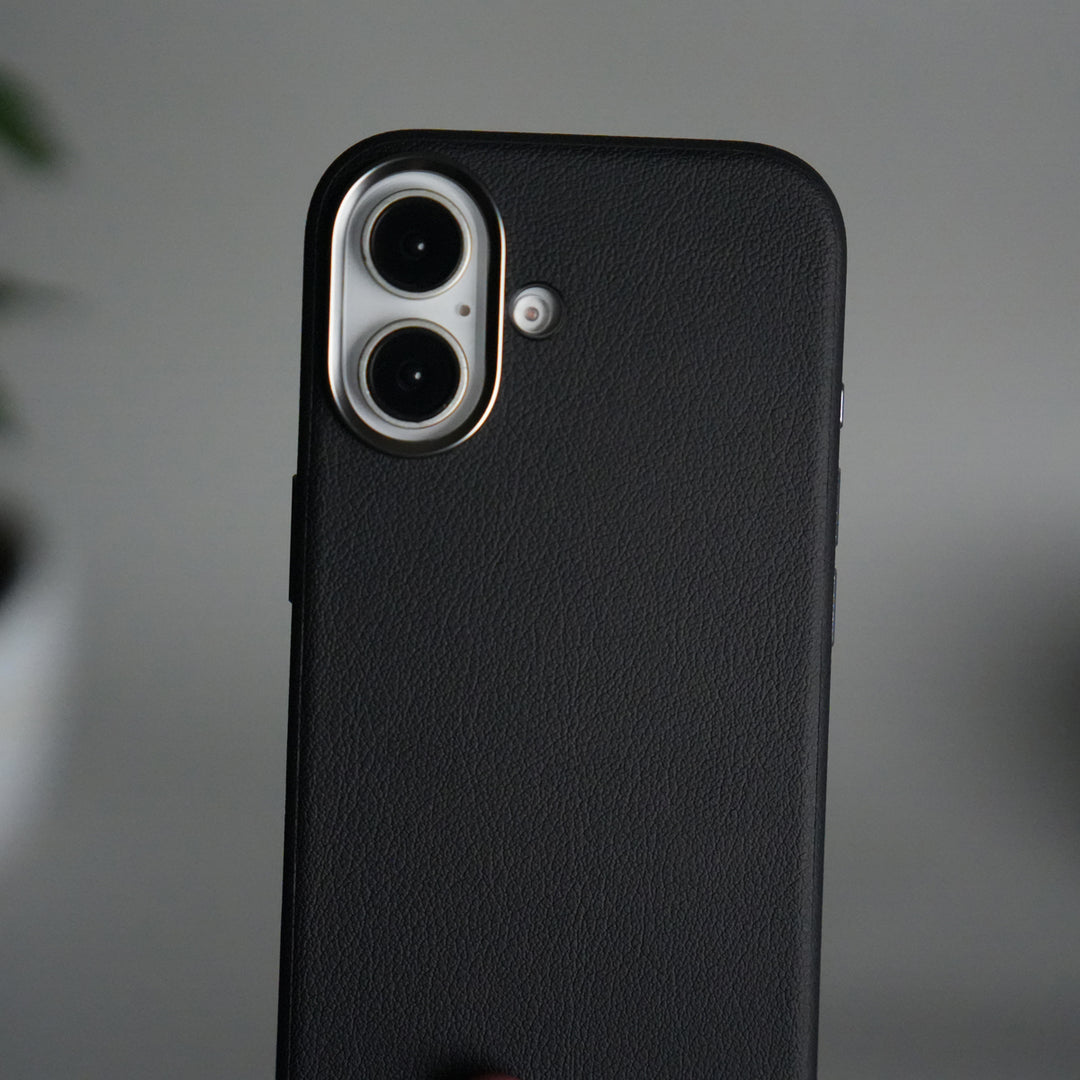 iPhone 17 Leather Texture Design PVC Case With Metal Camera Bump