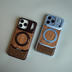 Wood Leather AeroFLex Aluminium Case for iPhone 18 Series With Rotating Stand