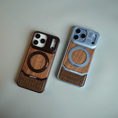 Wood Leather AeroFLex Aluminium Case for iPhone 18 Series With Rotating Stand