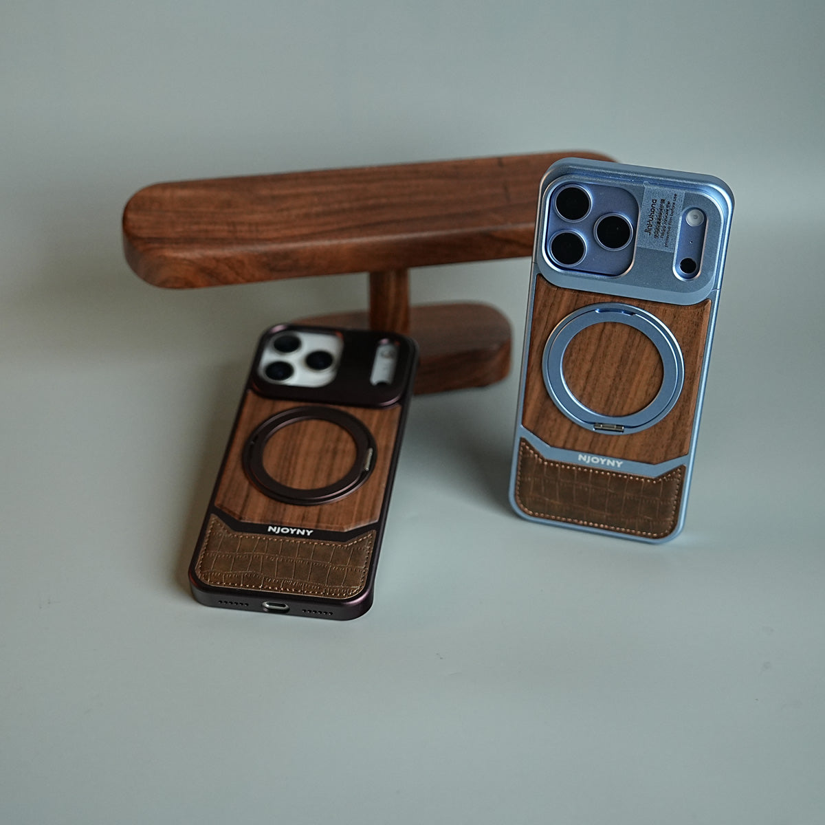 Wood Leather AeroFLex Aluminium Case for iPhone 18 Series With Rotating Stand