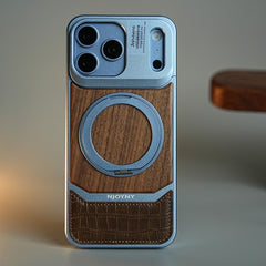 Wood Leather AeroFLex Aluminium Case for iPhone 18 Series With Rotating Stand