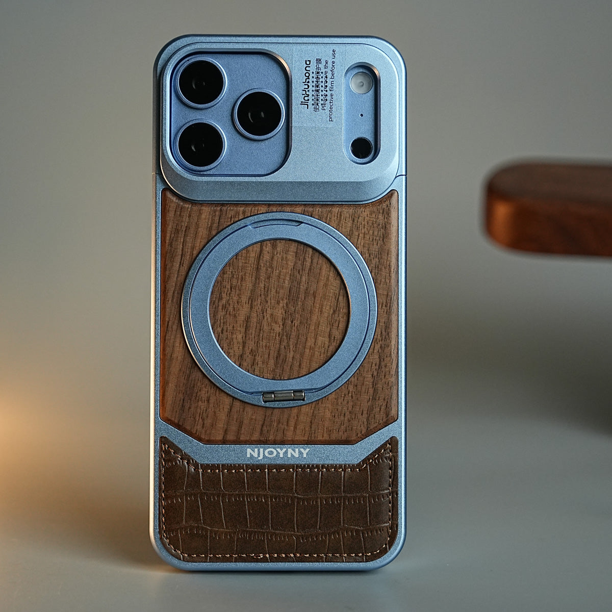 Wood Leather AeroFLex Aluminium Case for iPhone 18 Series With Rotating Stand