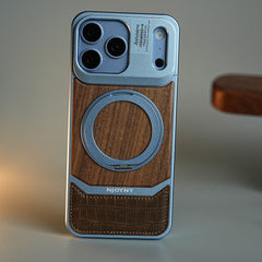 Wood Leather AeroFLex Aluminium Case for iPhone 18 Series With Rotating Stand