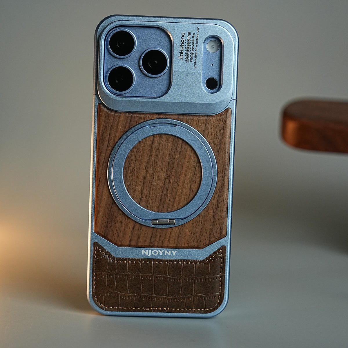 Wood Leather AeroFLex Aluminium Case for iPhone 18 Series With Rotating Stand