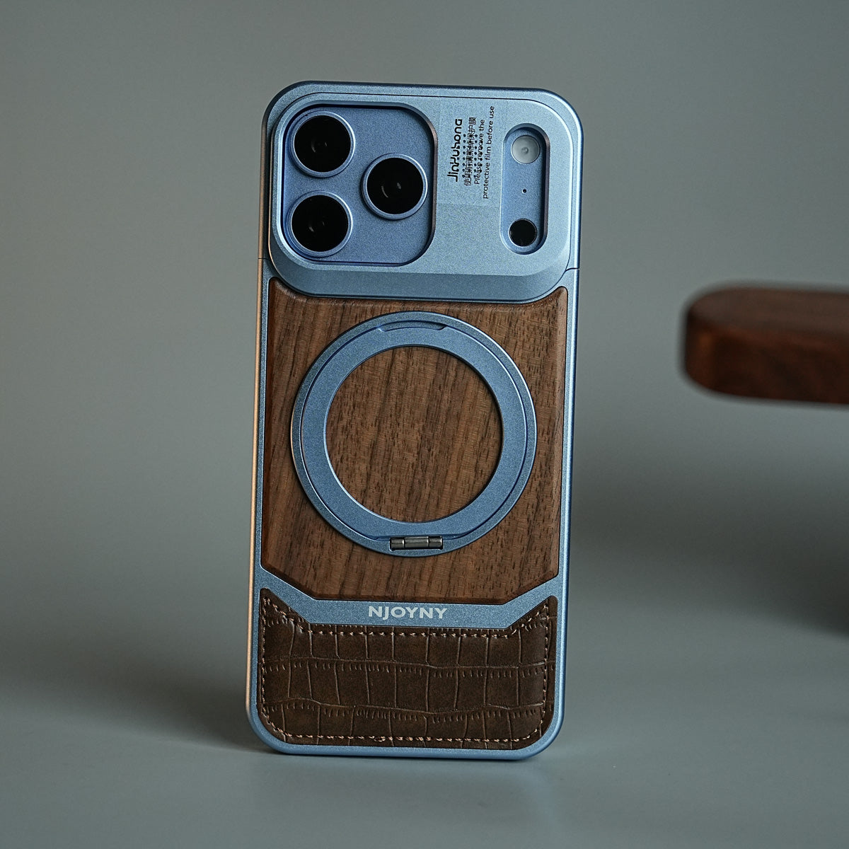 Wood Leather AeroFLex Aluminium Case for iPhone 18 Series With Rotating Stand