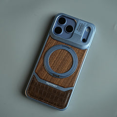 Wood Leather AeroFLex Aluminium Case for iPhone 18 Series With Rotating Stand