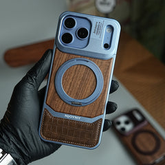 Wood Leather AeroFLex Aluminium Case for iPhone 18 Series With Rotating Stand